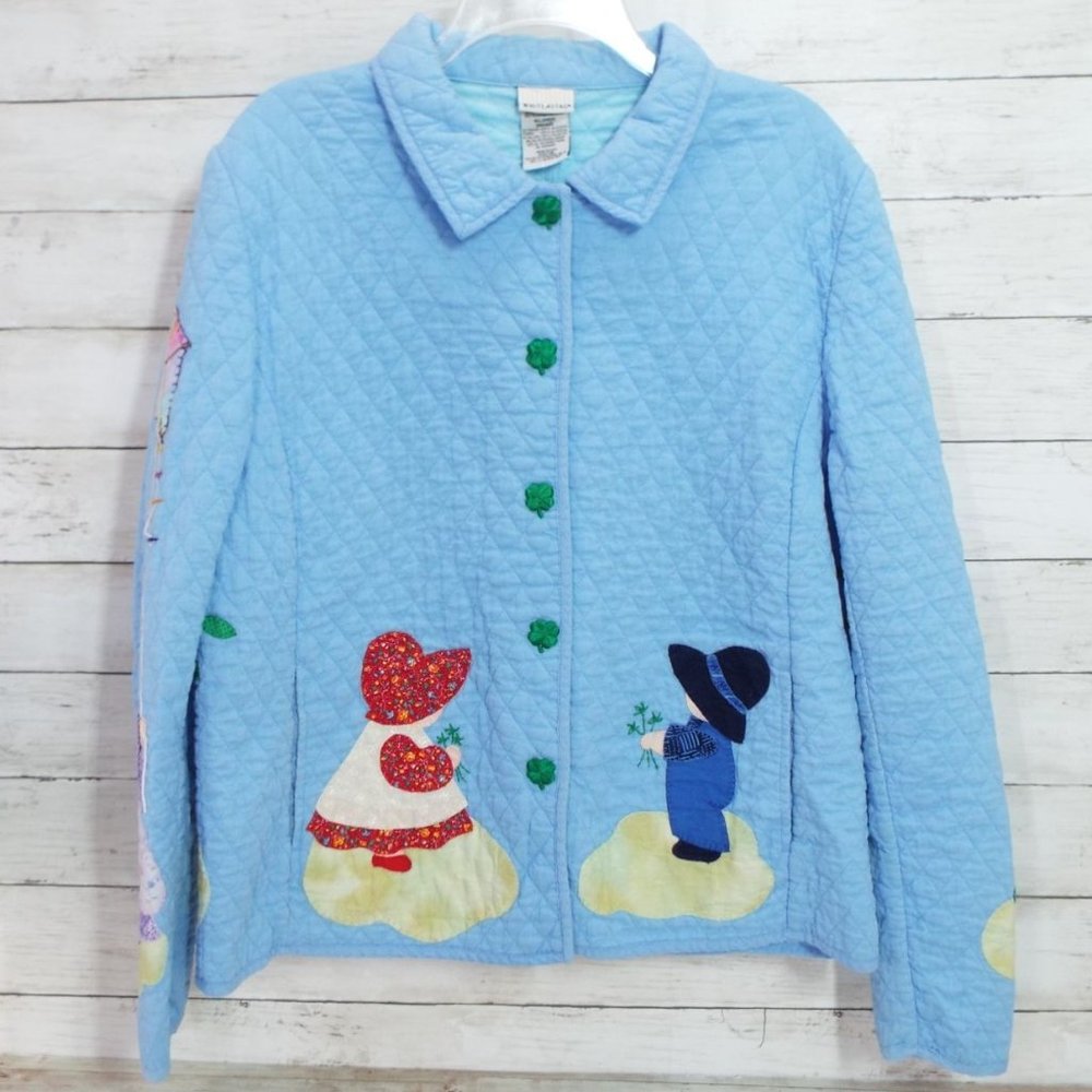 Vintage White Stag Blue Cotton Quilted Jacket Kite Flying Pattern Size Large
